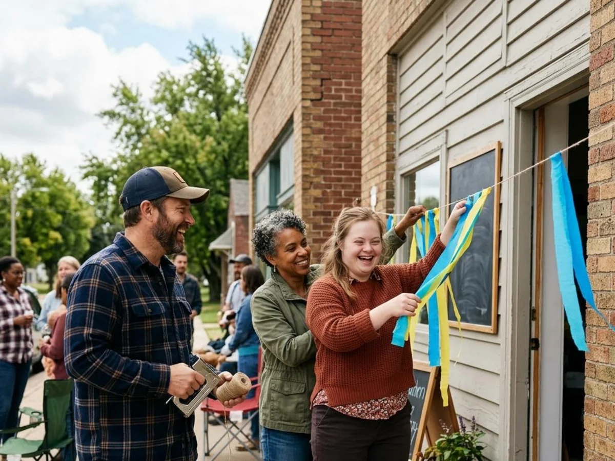 An adult with Down syndrome volunteering alongside smiling neighbors on a community project.