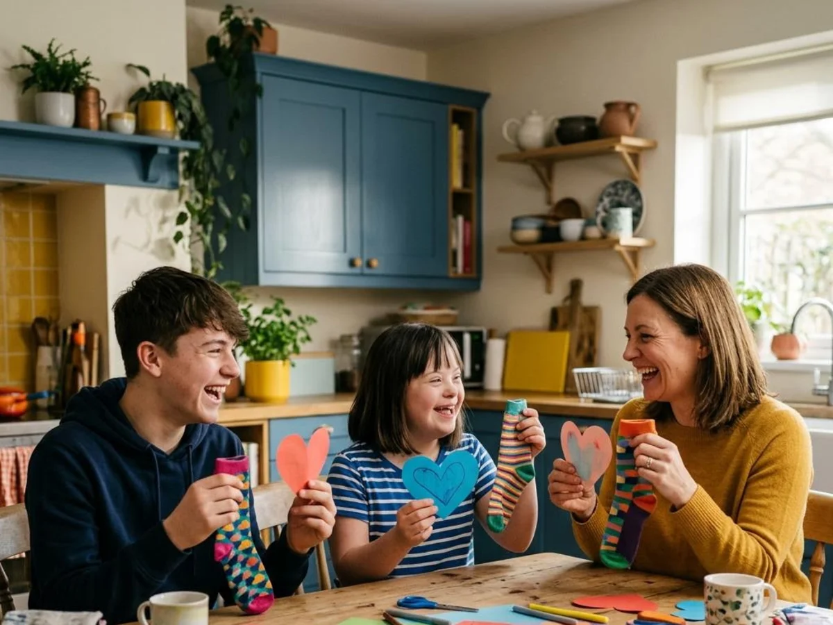 A girl with Down syndrome making paper hearts and socks with her family at a table.