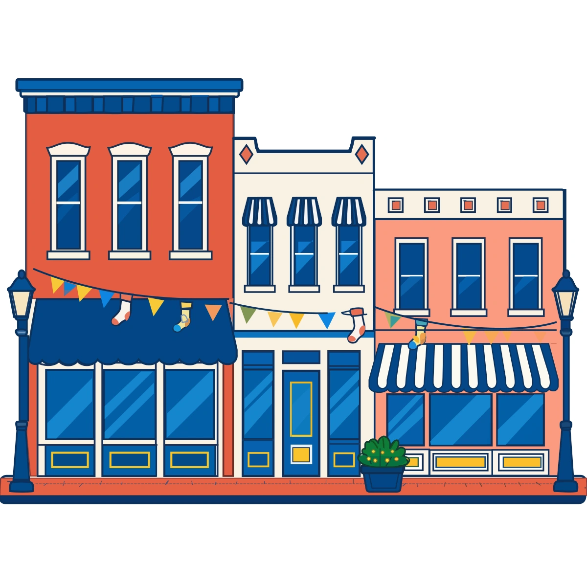 Three neighboring Canal Winchester storefronts dressed with colorful celebration bunting.