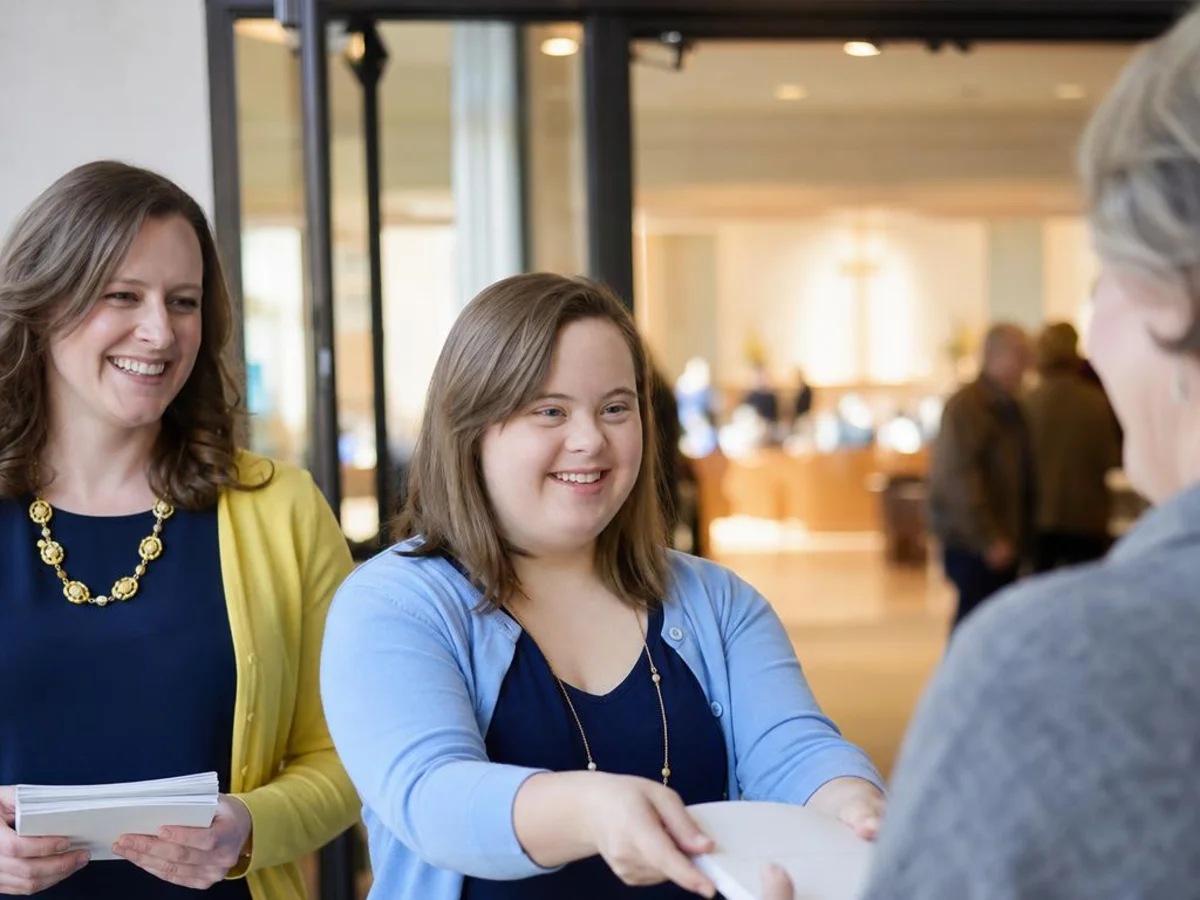 An adult woman with Down syndrome smiles as she greets people as a volunteer on a church welcome team.
