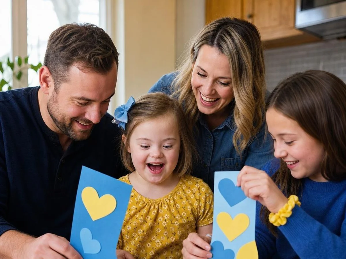 A young girl with Down syndrome makes paper hearts and socks at a table with a parent and her sibling.
