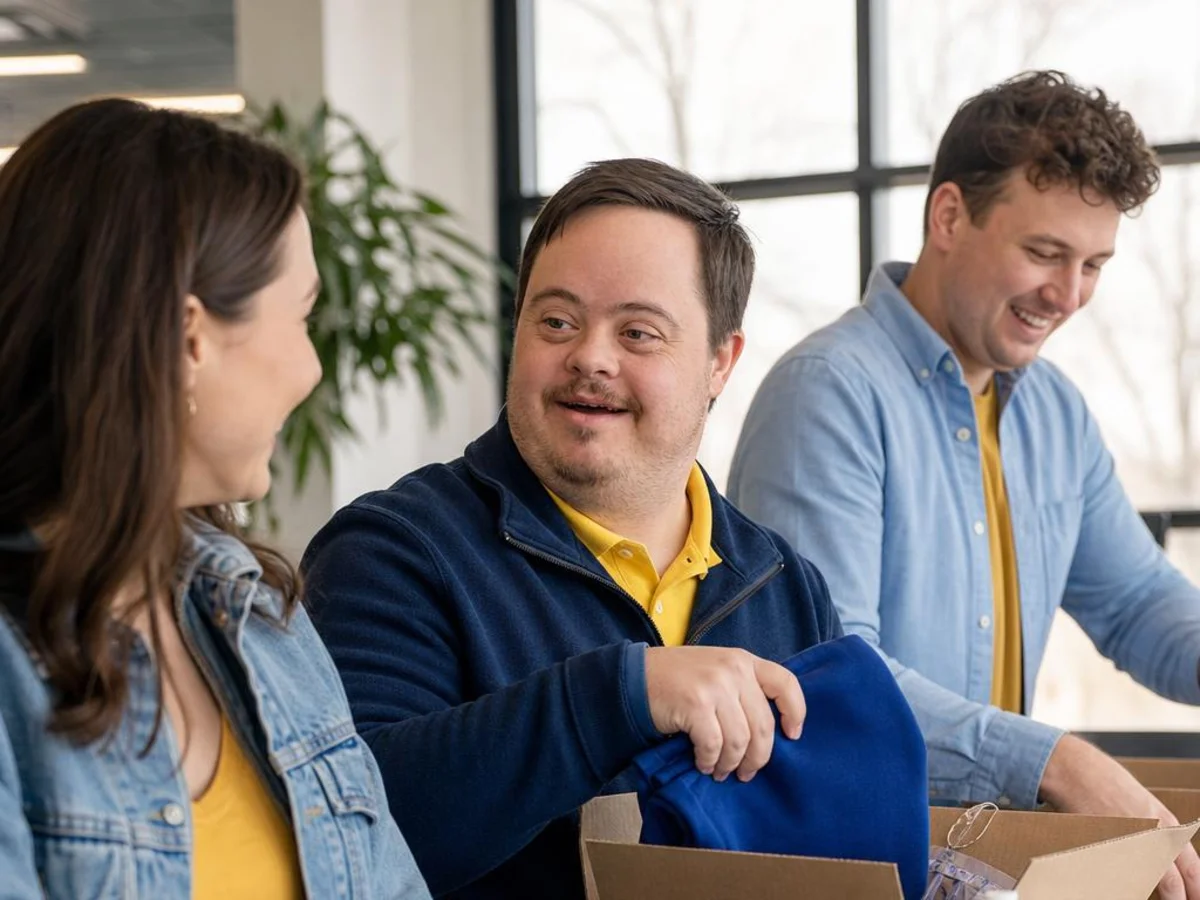 An adult man with Down syndrome helps assemble care packages with coworkers on a workplace volunteer project.
