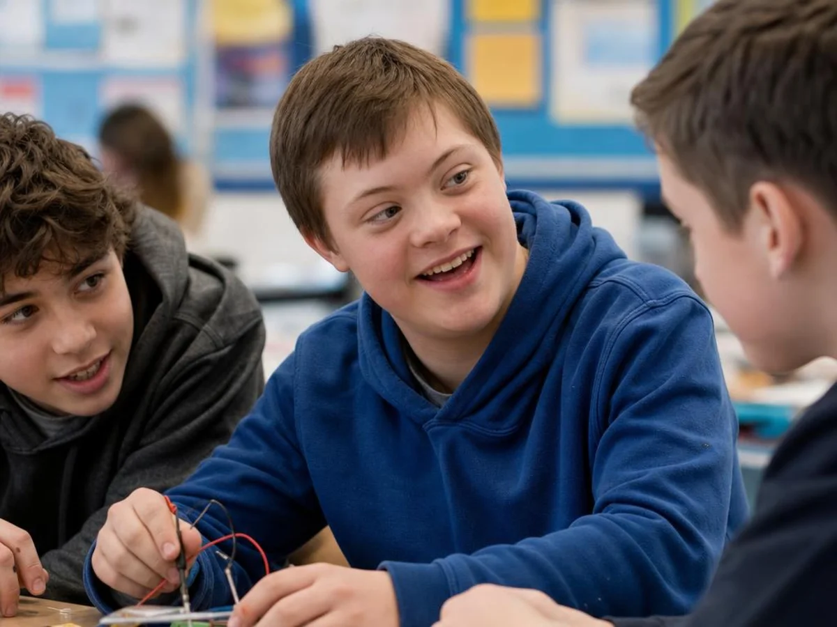 A middle-school boy with Down syndrome works with two classmates on a science project at a classroom table.